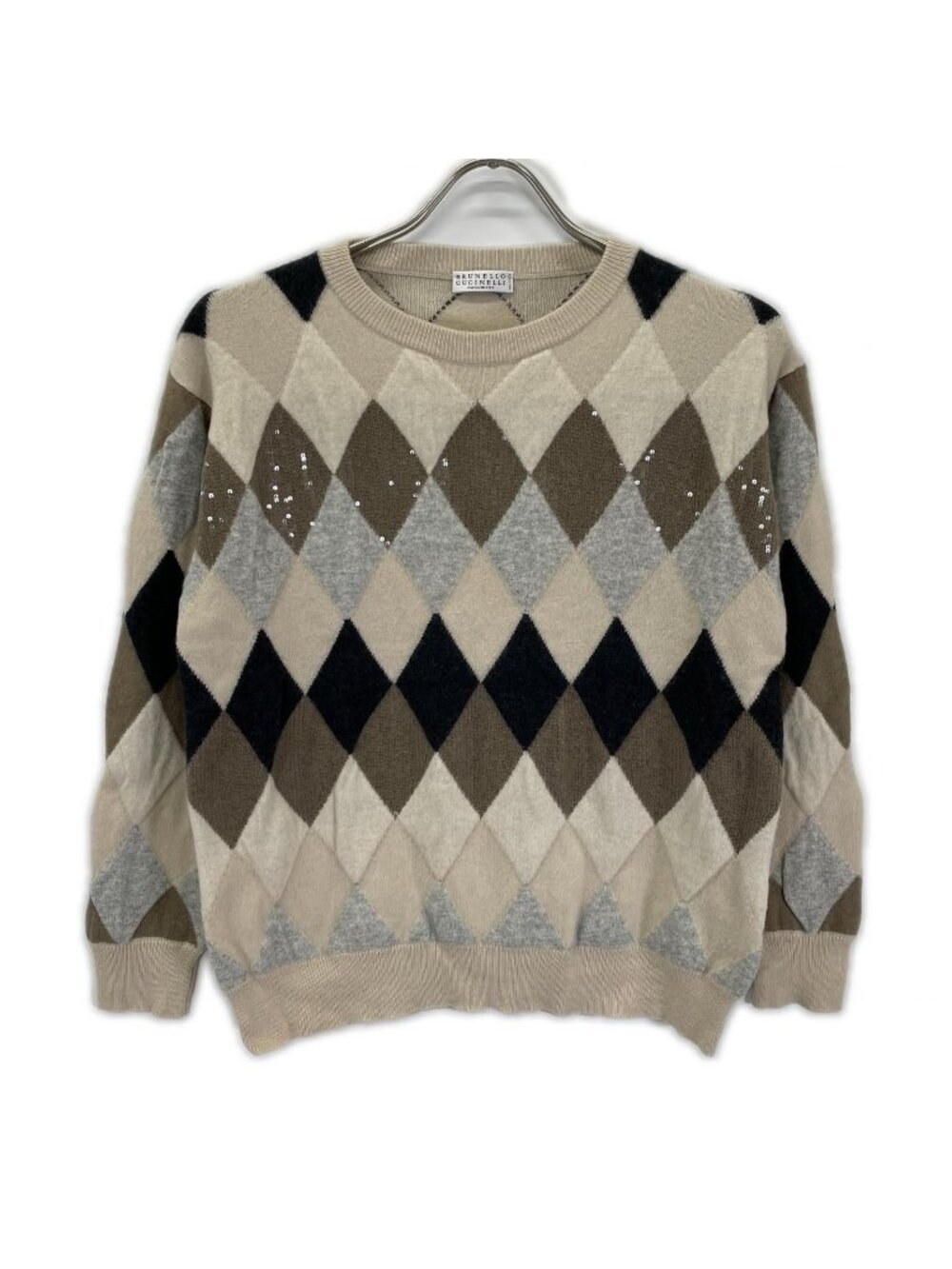 Brunello Cucinelli White Wool Cashmere Argyle Check Knit Top Sweater